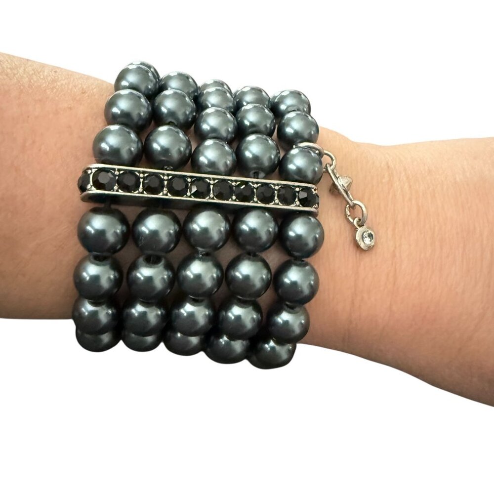 Cabi Heritage Black Pearl Bracelet Silver Tone Rhinestone Blue Gray 5 Strand - Picture 6 of 11